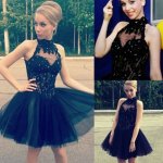 Awesome High Neck Sleeveless Short Black Homecoming Dress with Appliques Beading