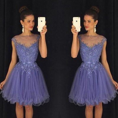 Cheap Bateau Cap Sleeves Short Homecoming Dress with Appliques Under 100