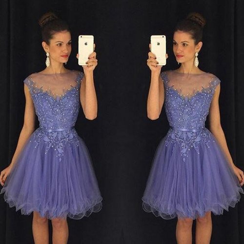 Cheap Bateau Cap Sleeves Short Homecoming Dress with Appliques Under 100