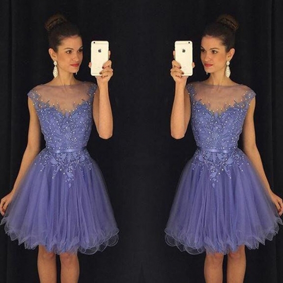 Cheap Bateau Cap Sleeves Short Homecoming Dress with Appliques Under 100 - Click Image to Close