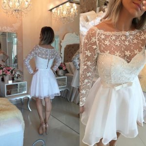 Awesome Bateau Long Sleeves Short White Organza Homecoming Dress with Bowknot Lace
