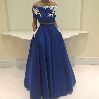 Two Piece Short Sleeves Long Dark Blue Prom Dress with Appliques Pockets