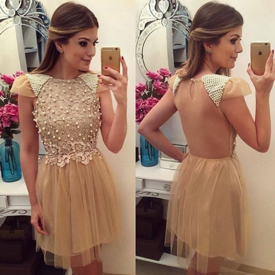 Dramatic Bateau Cap Sleeves Short Illusion Champagne Homecoming Dress with Appliques Pearls - Click Image to Close