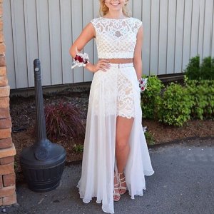 Two Piece Sheath Bateau Cap Sleeves White Homecoming Dress with Detachable Train