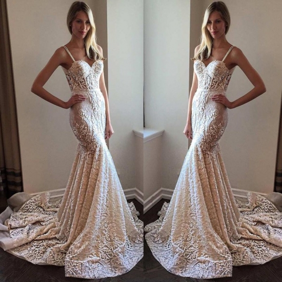 Elegant Spaghetti Straps Sleeveless Court Train Wedding Dress with Lace - Click Image to Close