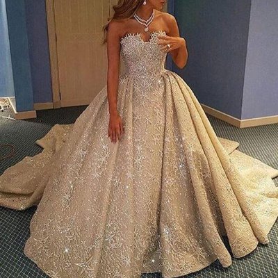 A-Line Sweetheart Court Train Champagne Lace Wedding Dress