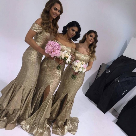 Special Gold Bridesmaid Dress - Off Shoulder Short Sleeves Sequins Tiered Ruffles with Legslit - Click Image to Close