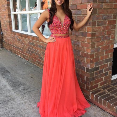 Chic Two Piece Coral Prom Dress - V-neck Sleeveless Floor-Length with Beading