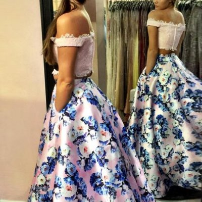 Glamorous Pink Floral Prom Dress - Off the Shoulder Floor Length with Lace Beading