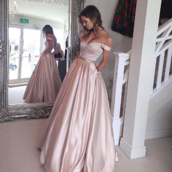 Pearl Pink Pockets Prom Dress - Off Shoulder Floor Length with Beading - Click Image to Close