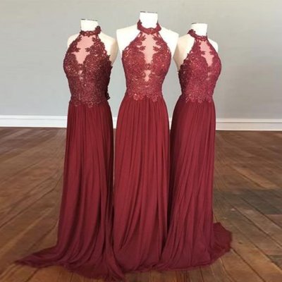 Burgundy Backless Prom Dress - Halter Sleeveless Sweep Train Pleated with Beading Appliques