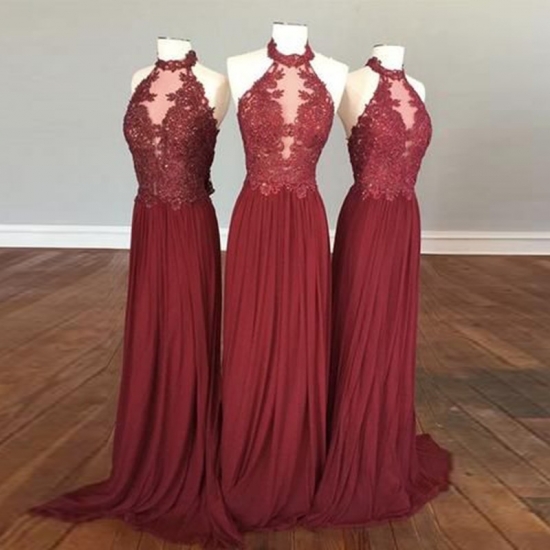 Burgundy Backless Prom Dress - Halter Sleeveless Sweep Train Pleated with Beading Appliques - Click Image to Close