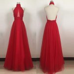 Red Backless Prom Dress - Halter Sleeveless Floor Length with Pleats