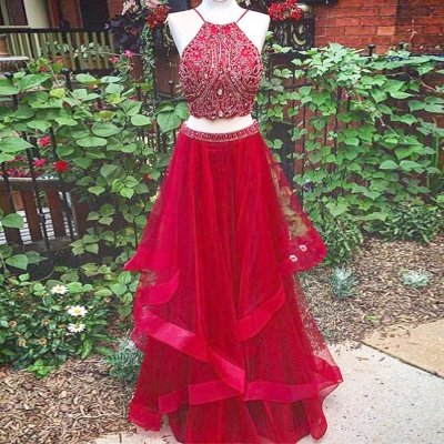 Two Piece Red Beading Jewel Sleeveless Floor-length Prom Dress