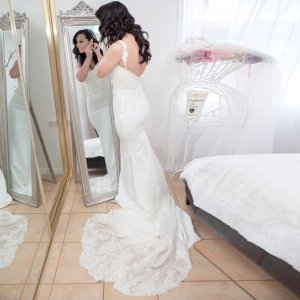 Mermaid Straps Court Train Backless Wedding Dress with Beading Lace