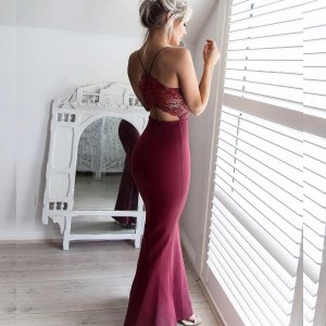 Mermaid Style Long Spaghetti Straps Open Back Prom Dress with Lace Beading