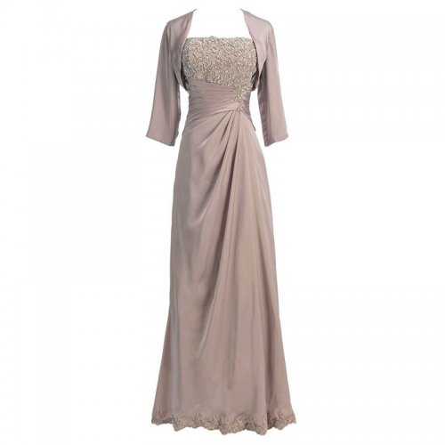 Sheath Strapless Long Champagne Mother of The Bride Dress with Beading Appliques Shawl
