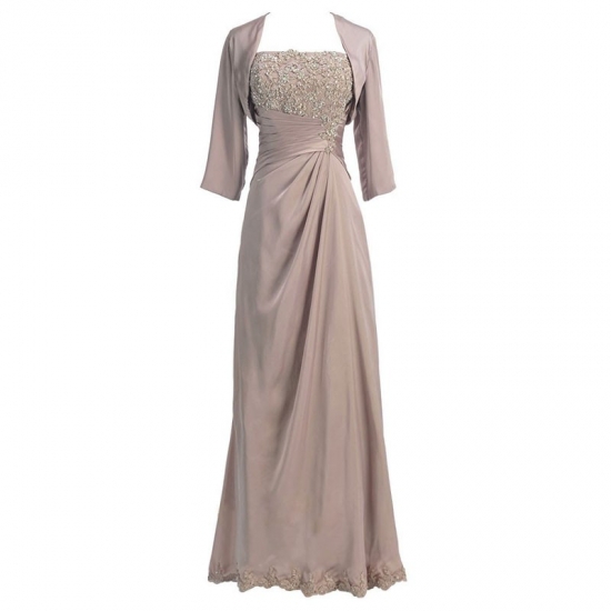 Sheath Strapless Long Champagne Mother of The Bride Dress with Beading Appliques Shawl - Click Image to Close