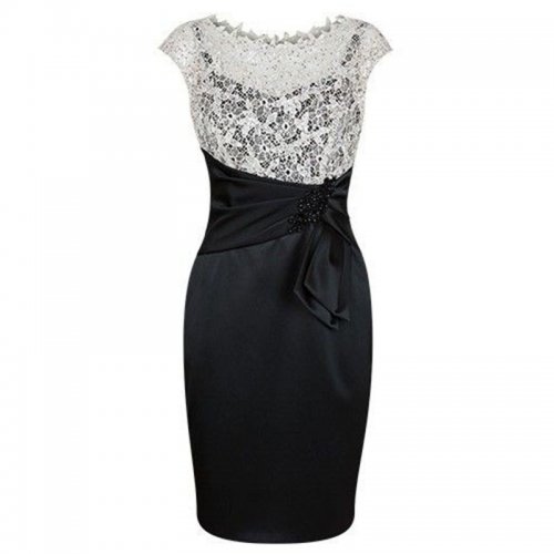 Black Sheath Short Scalloped-Edge Mother of The Bride Dress with Lace Beading