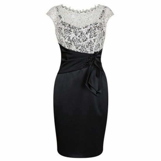 Black Sheath Short Scalloped-Edge Mother of The Bride Dress with Lace Beading - Click Image to Close