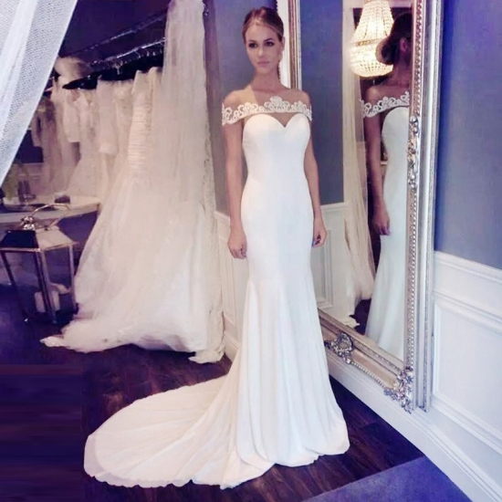 Mermaid Illusion Bateau Cap Sleeves Court Train Wedding Dress with Appliques - Click Image to Close