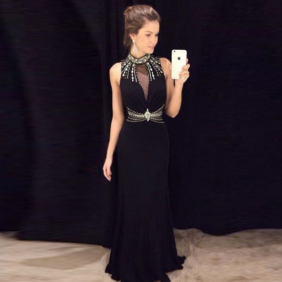 Black Sheath Prom Dress - Sweep Train High Neck with Beading - Click Image to Close