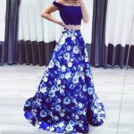 Two Piece Floral Prom Dress - Long Off-the-Shoulder with Lace Beading