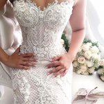 Mermaid Sweetheart Sweep Train Lace Wedding Dress with Beading Pearls