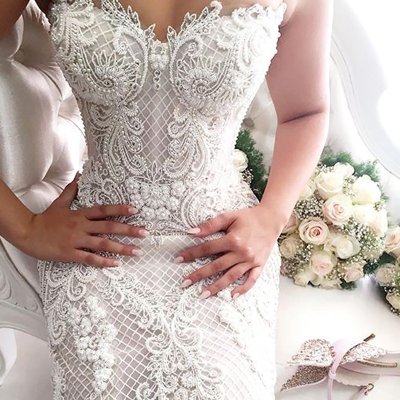 Mermaid Sweetheart Sweep Train Lace Wedding Dress with Beading Pearls