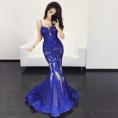 Mermaid Style Spaghetti Straps Long Royal Blue Lace Prom Dress with Beading