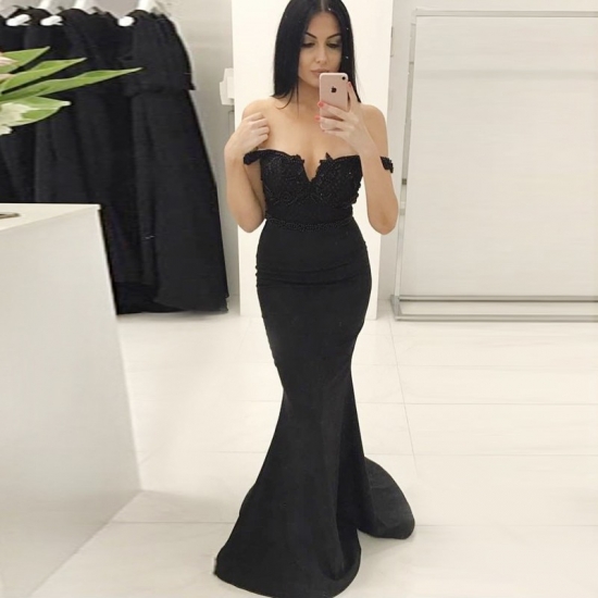 Mermaid Style Off-the-Shoulder Long Black Elastic Satin Prom Dress with Beading - Click Image to Close
