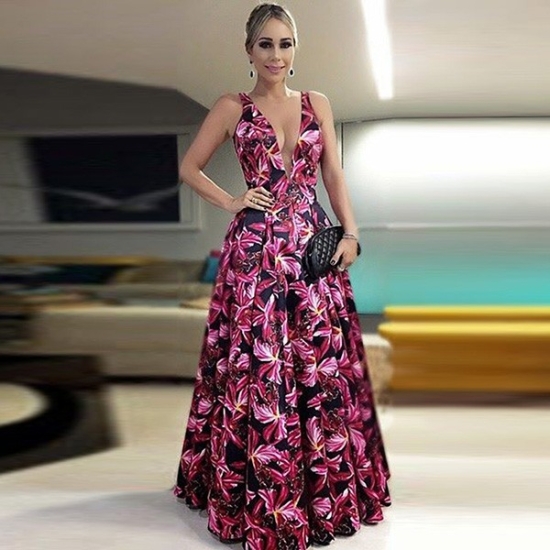 A-Line Deep V-Neck Floor-Length Pleated Satin Prom Dress Printed Flowers - Click Image to Close
