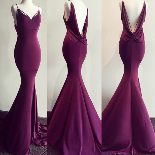 Mermaid Style V-Neck Backless Sweep Train Grape Elastic Satin Prom Dress