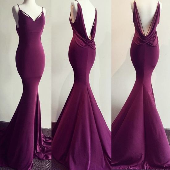 Mermaid Style V-Neck Backless Sweep Train Grape Elastic Satin Prom Dress - Click Image to Close