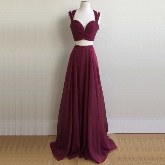 Two Piece Scoop Sweep Train Burgundy Chiffon Prom Dress with Beading - Click Image to Close