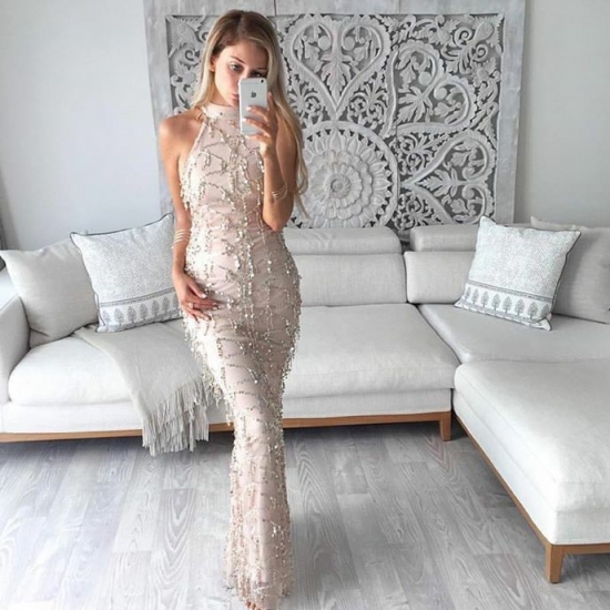 Mermaid Style High Neck Floor-Length Ivory Chiffon Prom Dress with Sequins - Click Image to Close