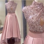 Two Piece High Low Blush Satin Keyhole Prom Dress with Sequins Open Back