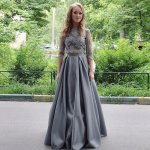 Two Piece Round Neck 3/4 Sleeves Grey Satin Prom Dress with Lace
