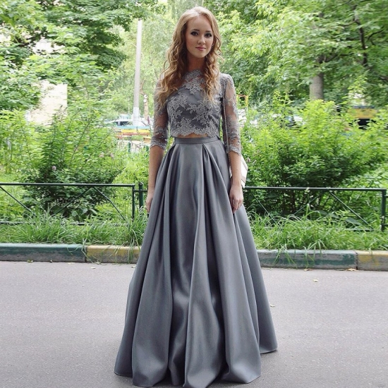 Two Piece Round Neck 3/4 Sleeves Grey Satin Prom Dress with Lace - Click Image to Close