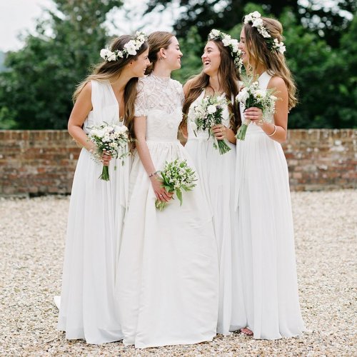 A-Line Deep V-Neck Floor-Length Pleated White Chiffon Bridesmaid Dress