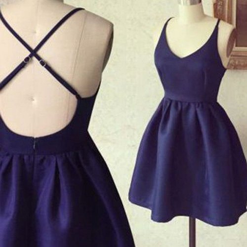 A-Line Spaghetti Straps Dark Blue Criss-Cross Straps Satin Homecoming Dress