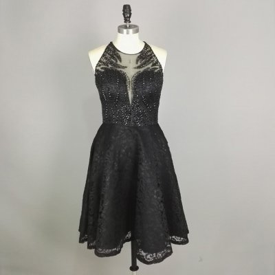 A-Line Round Neck Short Black Lace Backless Homecoming Dress with Beading