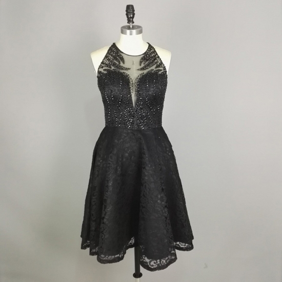 A-Line Round Neck Short Black Lace Backless Homecoming Dress with Beading - Click Image to Close