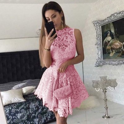 A-Line Scalloped-Edge Short Dropped Pink Lace Homecoming Cocktail Dress