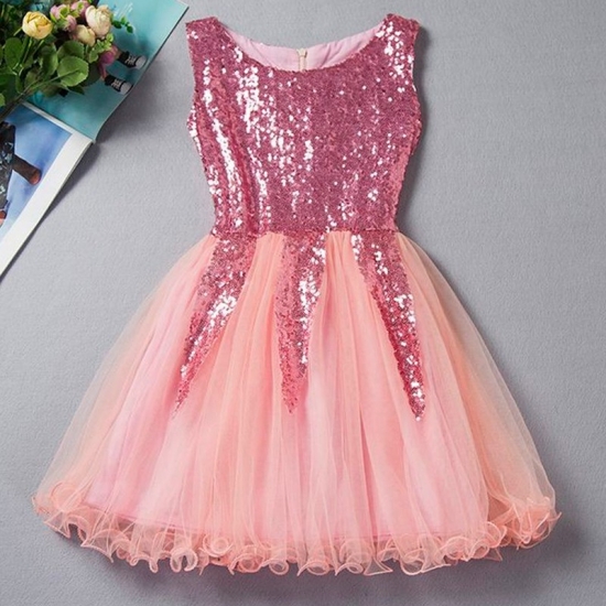 A-Line Bateau Short Pink/Champagne Tulle Flower Girl Dress with Sequins - Click Image to Close