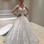 Ball Gown Illusion Bateau Court Train Long Sleeves Satin Wedding Dress with Appliques