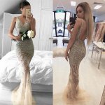 Mermaid V-Neck Sweep Train Backless Ivory Tulle Prom Dress with Beading