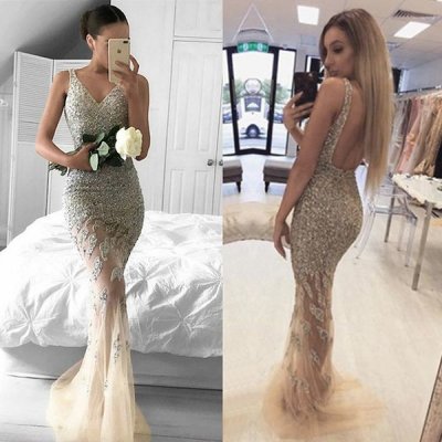 Mermaid V-Neck Sweep Train Backless Ivory Tulle Prom Dress with Beading