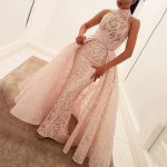 Mermaid High Neck Sweep Train Pearl Pink Lace Prom Dress with Overskirt
