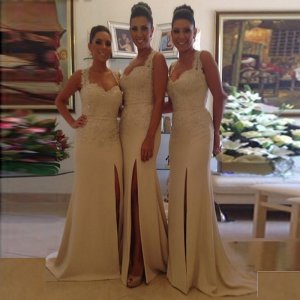 Sheath Scoop Sweep Train Ivory Satin Bridesmaid Dress with Lace Split